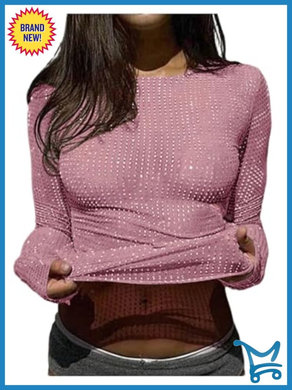 Rhinestone Sheer Long Sleeve Sparkly T Shirt